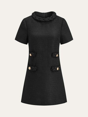 Tweed Braided Rope Collar Short Sleeve Dress