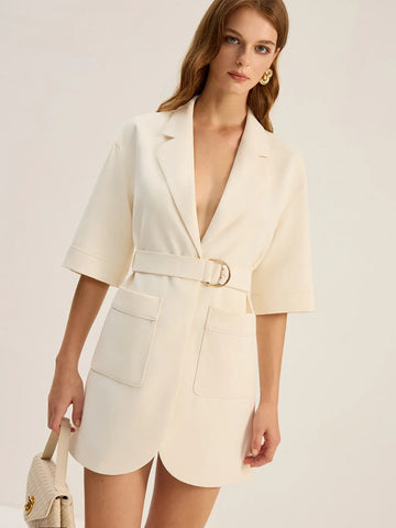 Belted Pocketed Blazer Dress