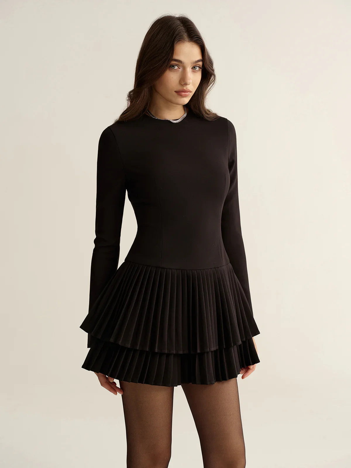 Long Sleeve Tiered Pleated Mini Dress