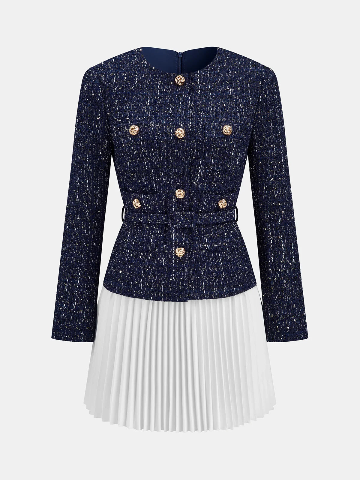 Pleated Hem Panel Tweed Belted Mini Dress