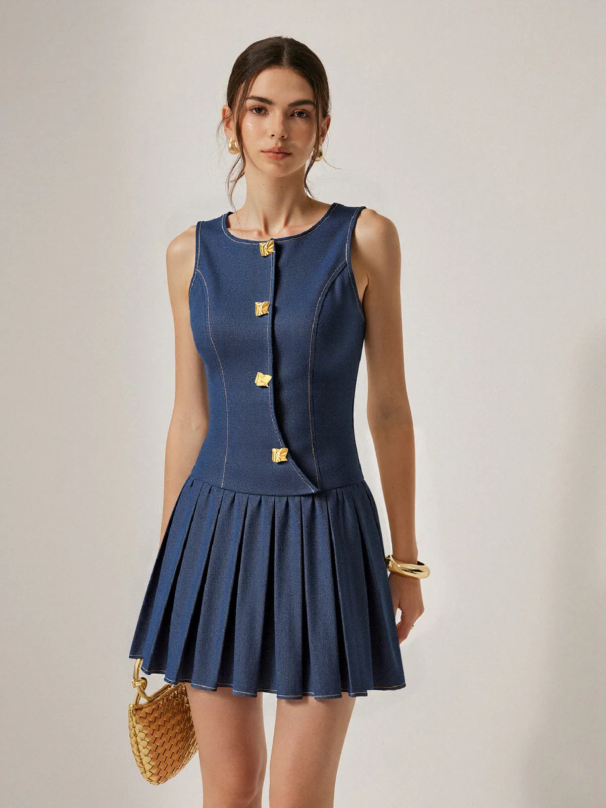Metal Detail Denim Pleated Sleeveless Dress