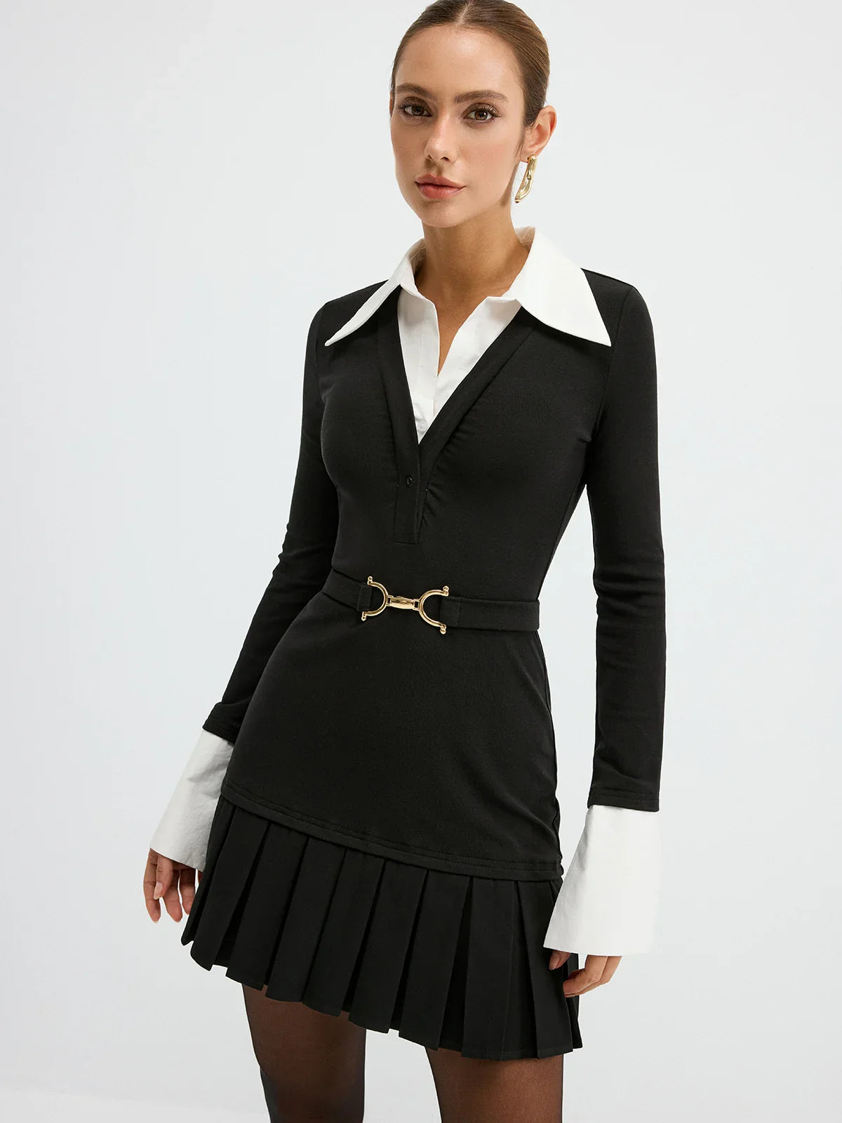 Contrast Shirt Paneled Belted Pleated Mini Dress