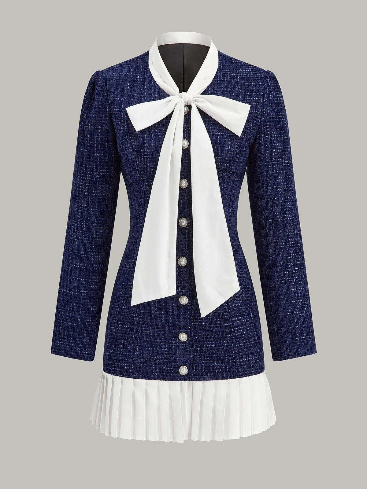 Pleated Hem Bow Neckline Tweed Mini Dress
