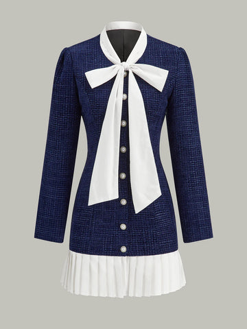 Pleated Hem Bow Neckline Tweed Mini Dress