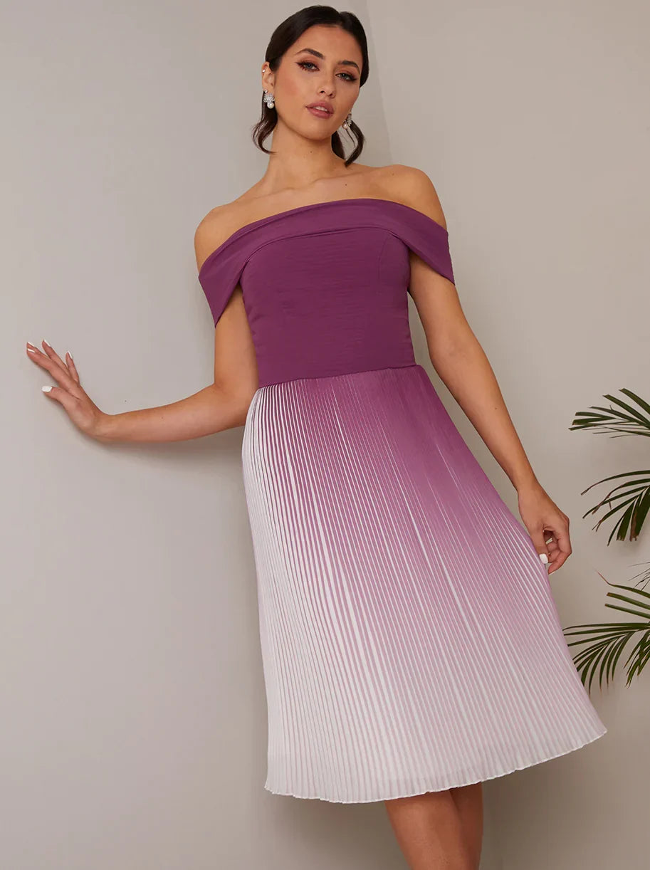 Bardot Ombre Pleated Midi Dress in Purple