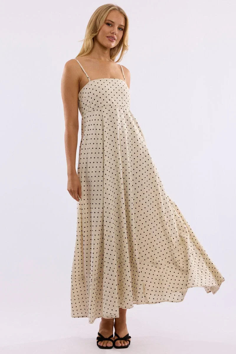 Beige Polka Dot Maxi Dress Strappy