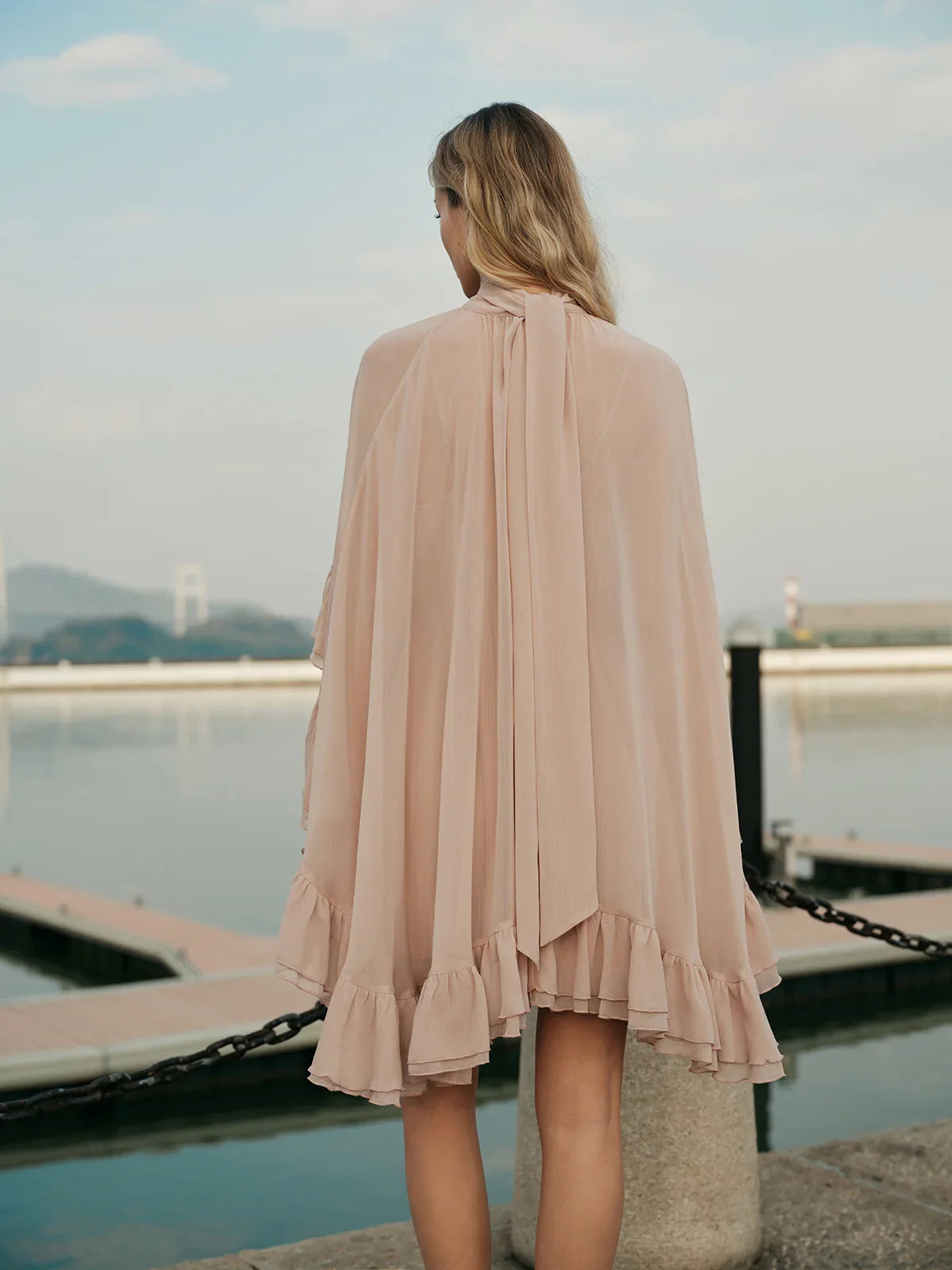Semi-Sheer Chiffon Ruffle Dress With Outer Cape