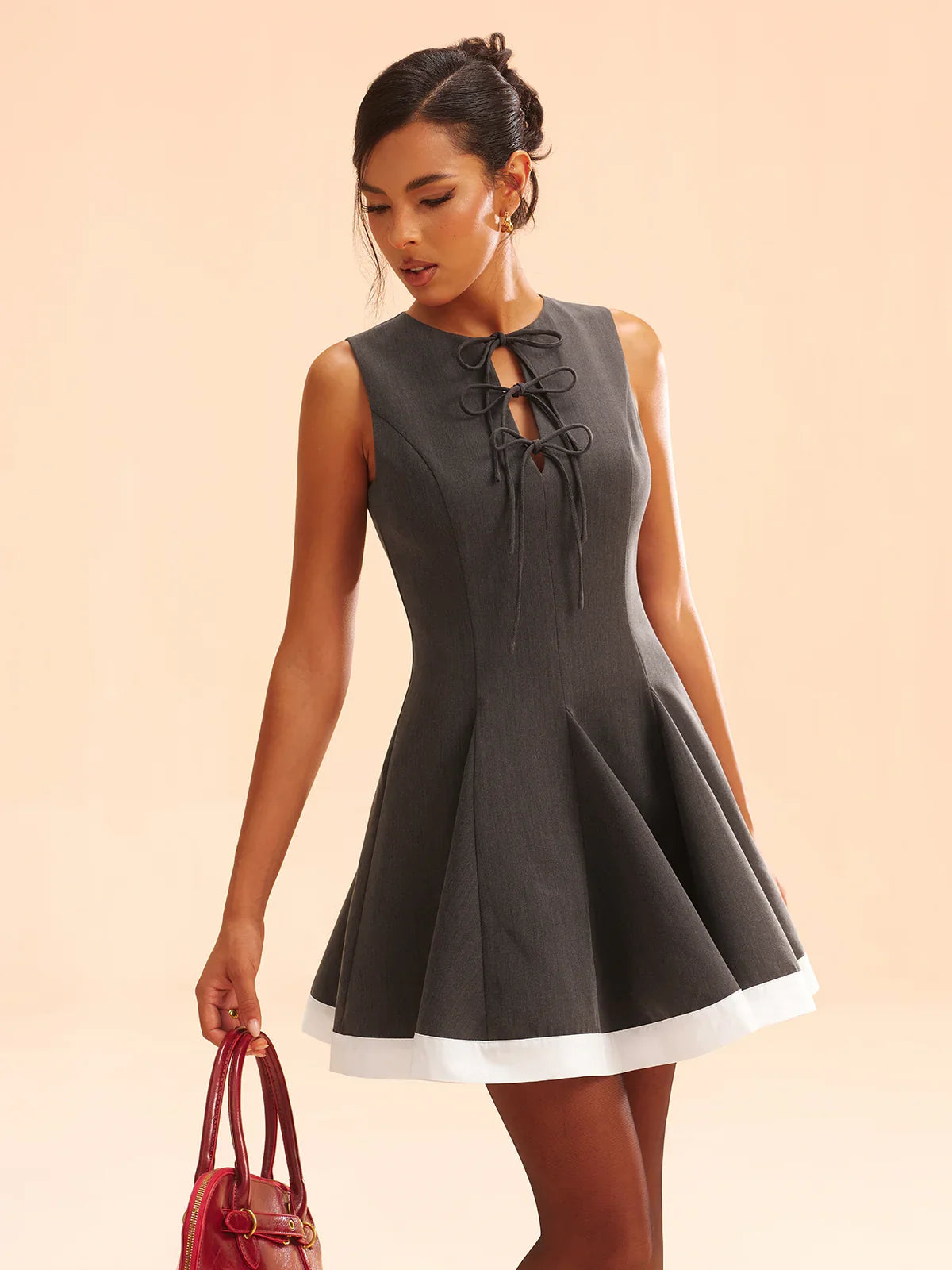 Bow-Tie Front Contrast Trim Mini Dress