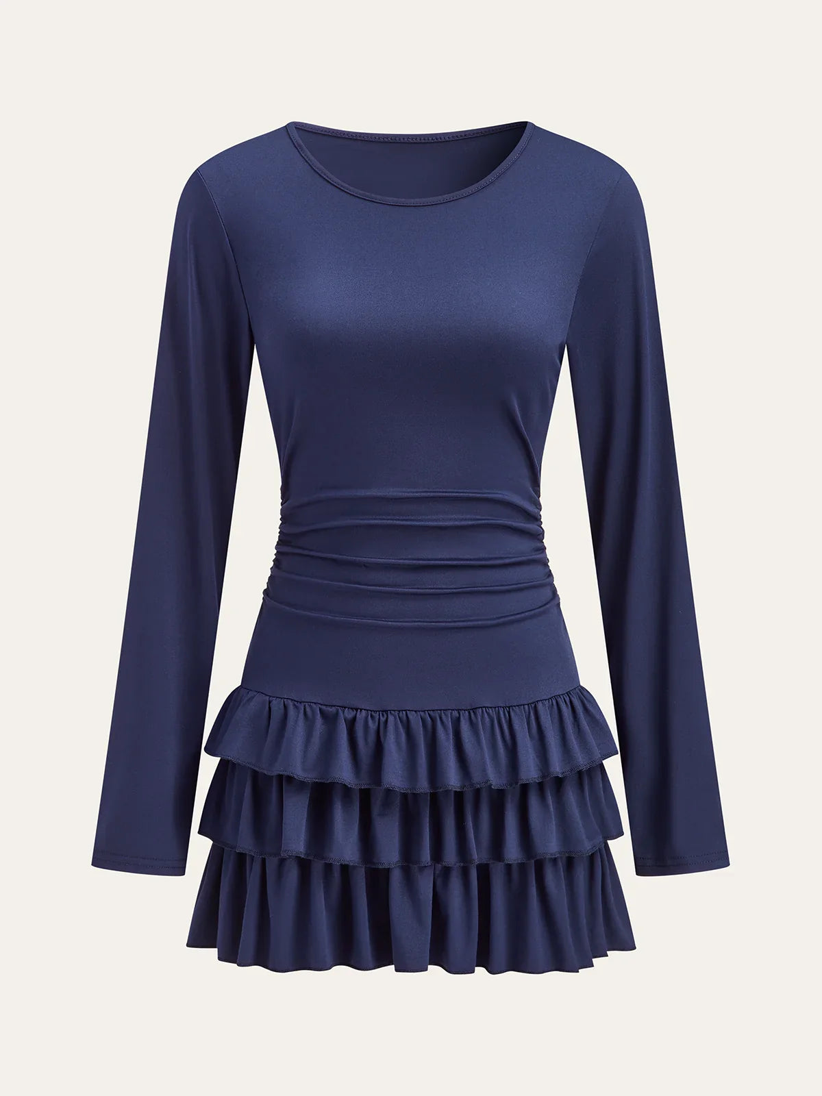 Long Sleeve Ruched Waist Layered Ruffle Dress