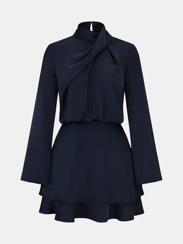 Long Sleeve Cross Neck Satin Tiered Mini Dress