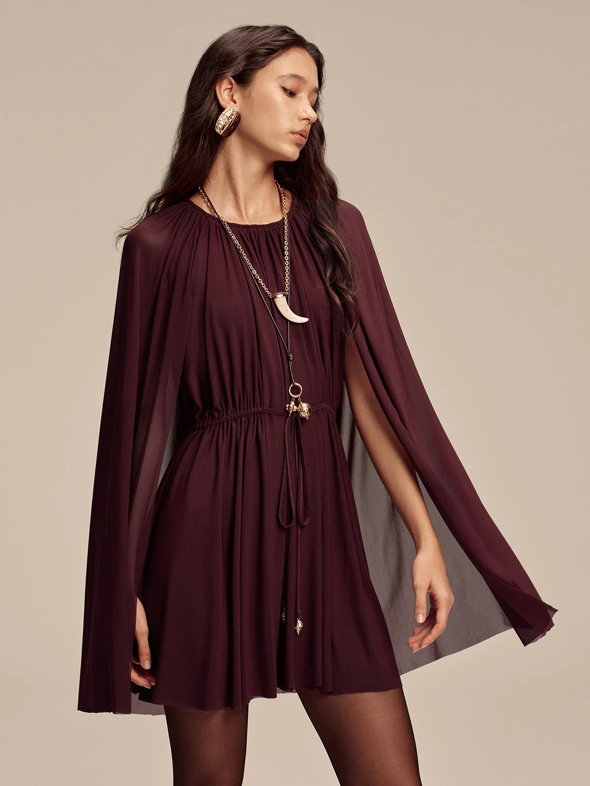 Mesh Cape Sleeve Tie-Waist Mini Dress