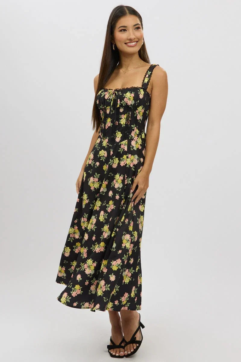 Black Floral Midi Dress Corset Detail