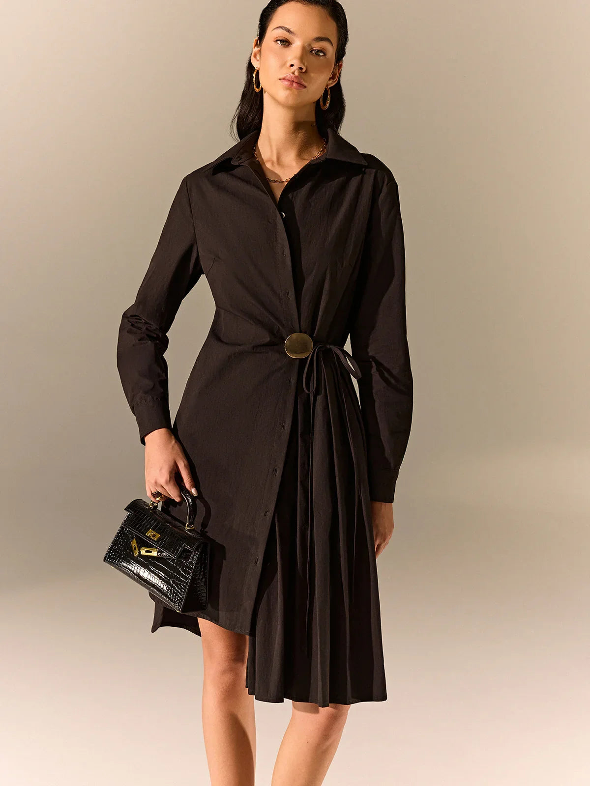Asymmetric Pleated Hem Shirt Dress
