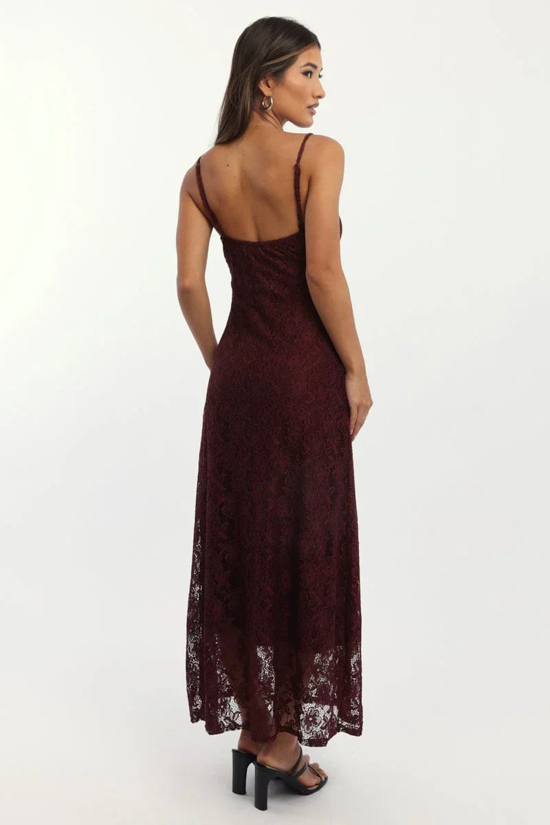 Red Maxi Dress Lace Satin Tape