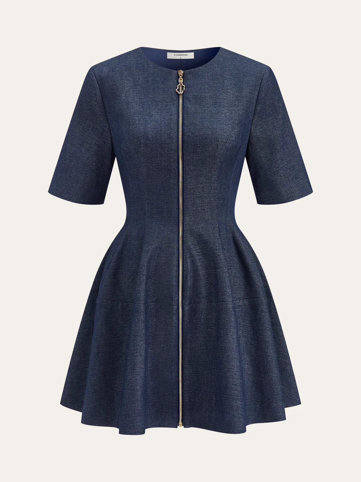 Denim Short Sleeved Zip-Front Mini Dress