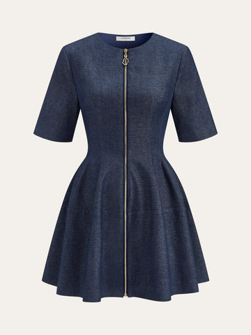 Denim Short Sleeved Zip-Front Mini Dress