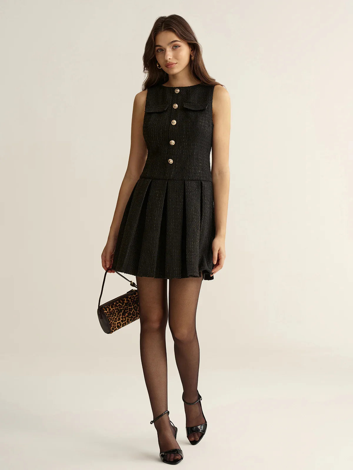 Metal Detail Tweed Pleated Mini Dress