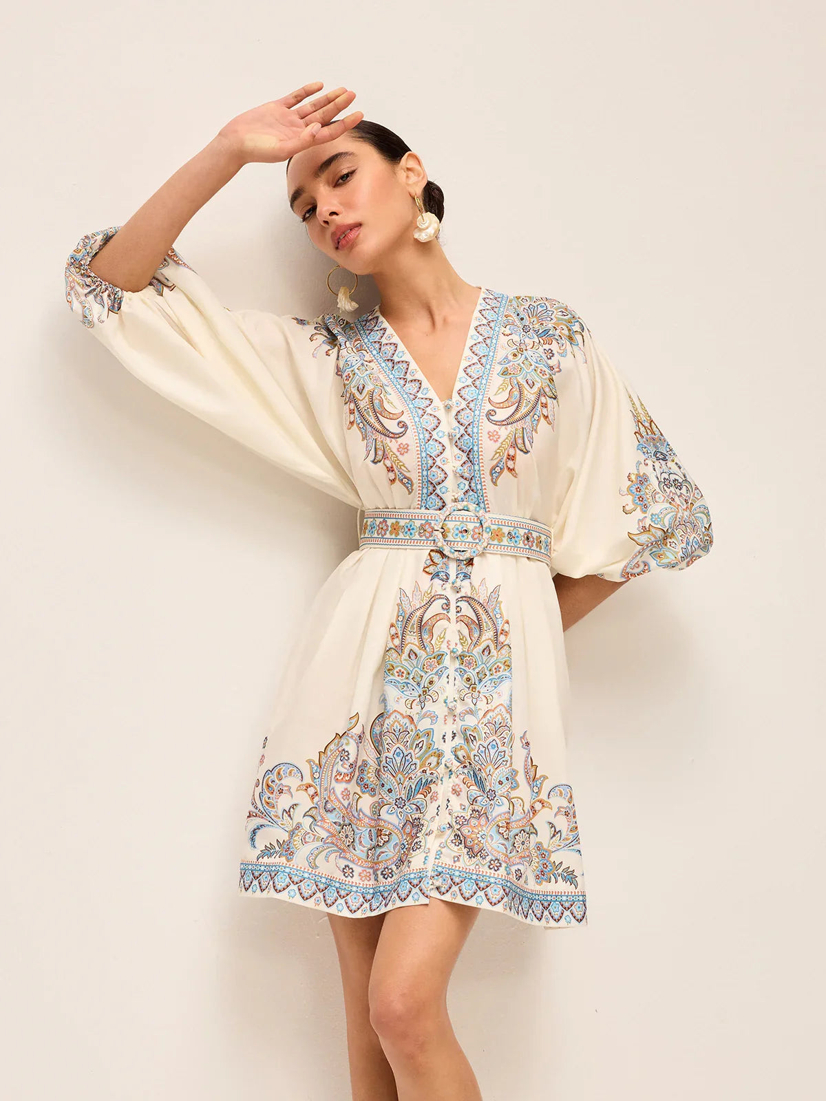 Boho Belted V-Neck Dress With Balloon Sleeves