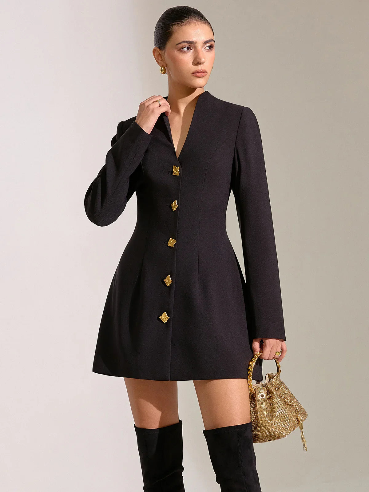 V-Neck Long Sleeve Metal Button Mini Dress
