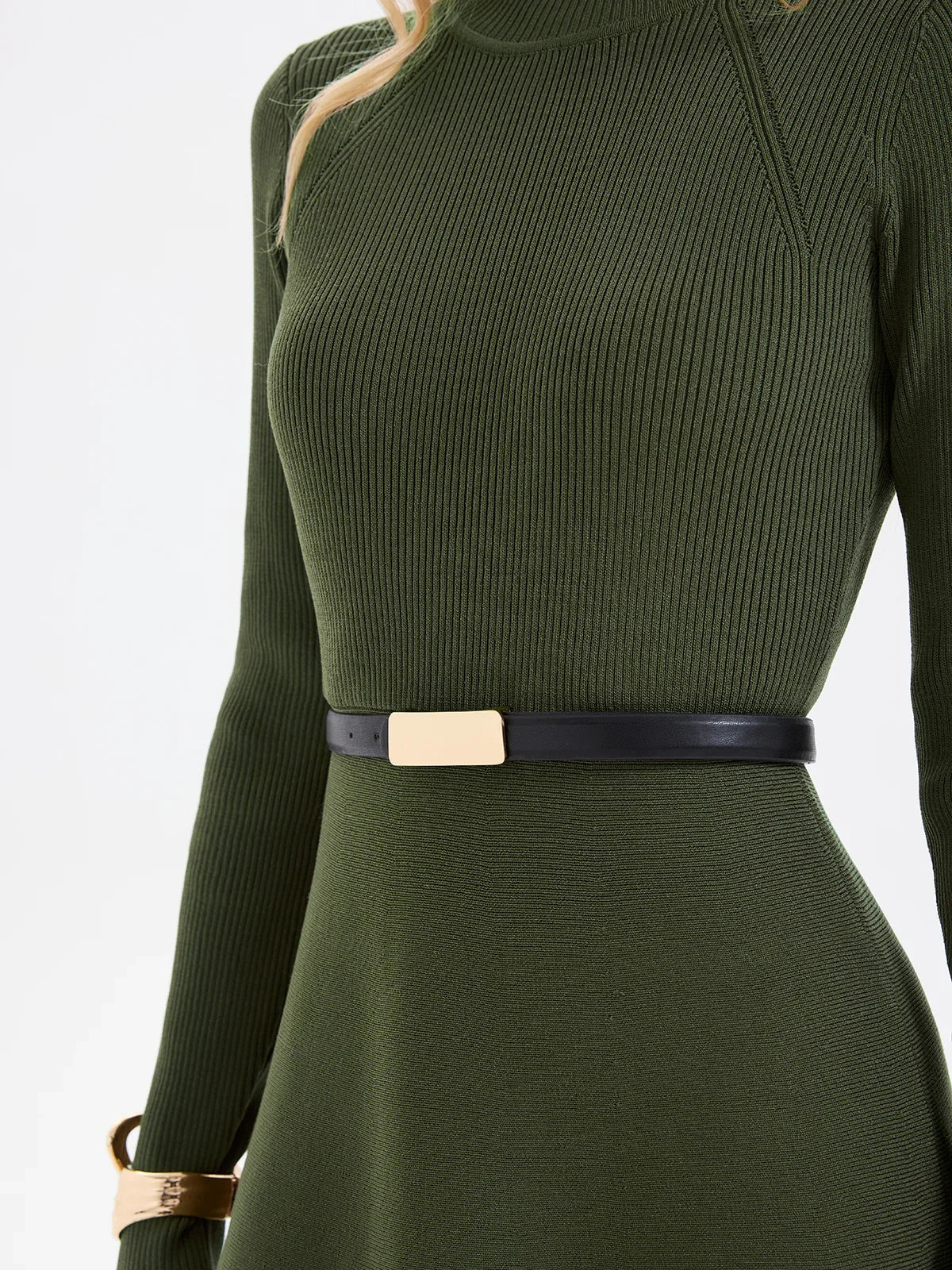 Belted Ribbed Turtleneck Knit Mini Dress