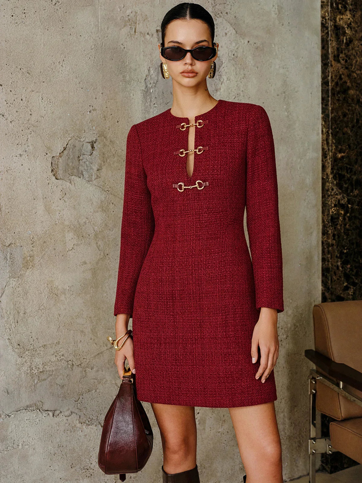 Metal Buckle Tweed Mini Dress