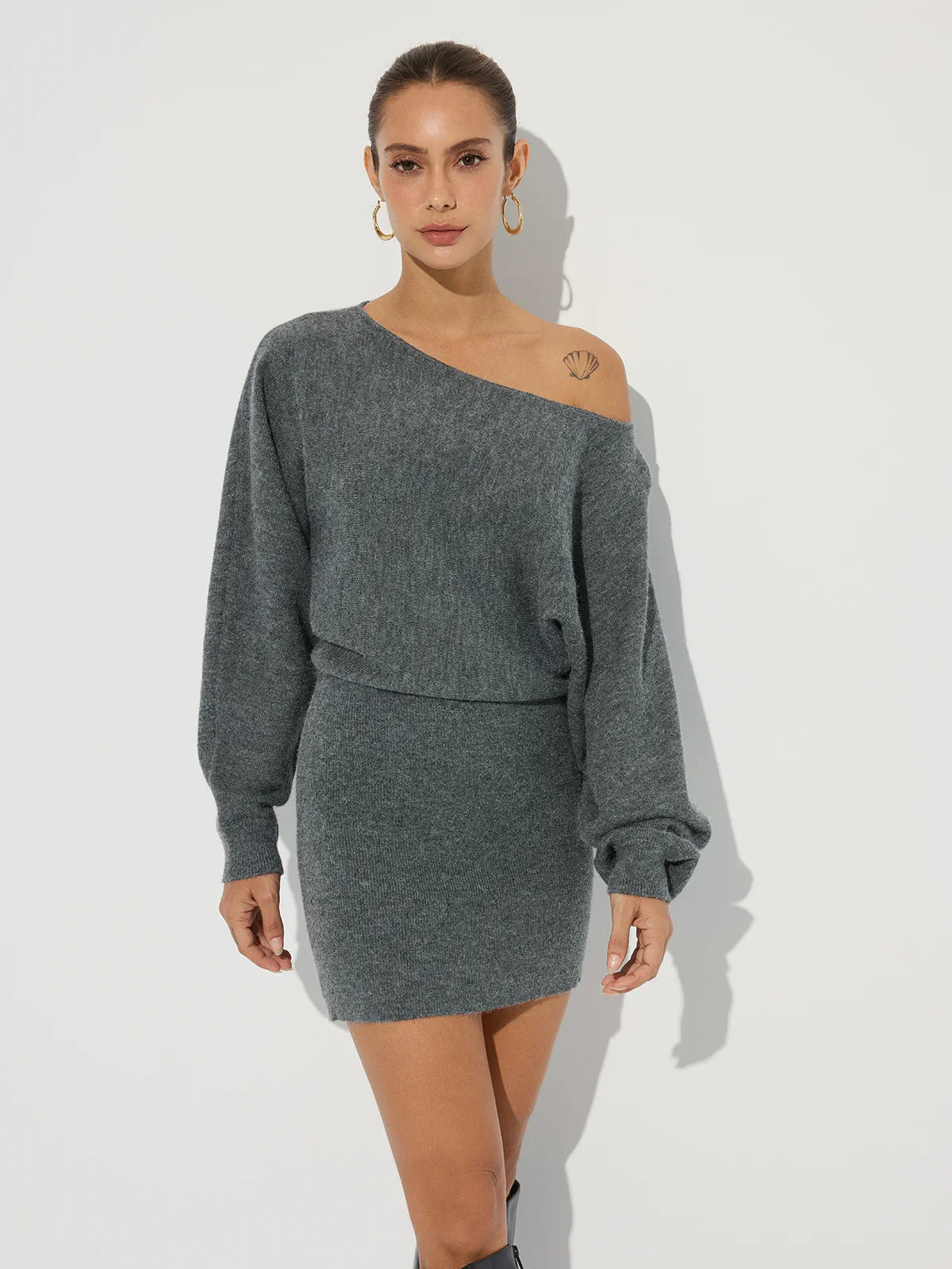 Asymmetric Off-Shoulder Knit Mini Dress