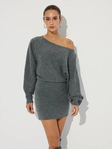 Asymmetric Off-Shoulder Knit Mini Dress