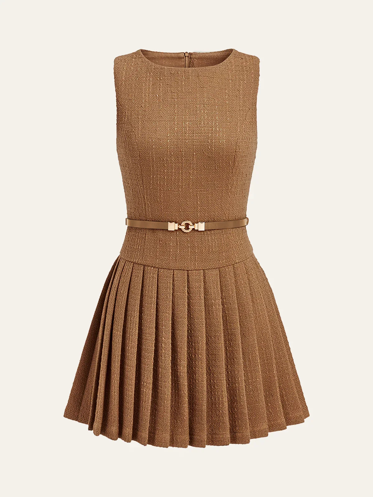 Tweed Sleeveless Pleated Mini Dress with Belt