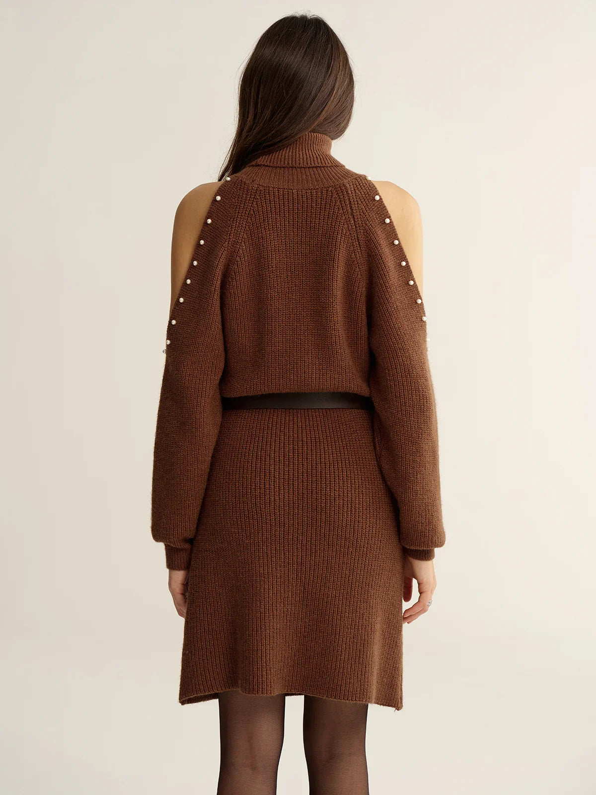 Belted Cold-Shoulder Turtleneck Knit Dress