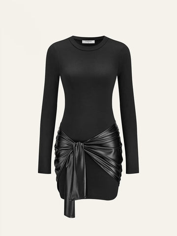 Faux Leather Paneled Knit Long Sleeve Mini Dress