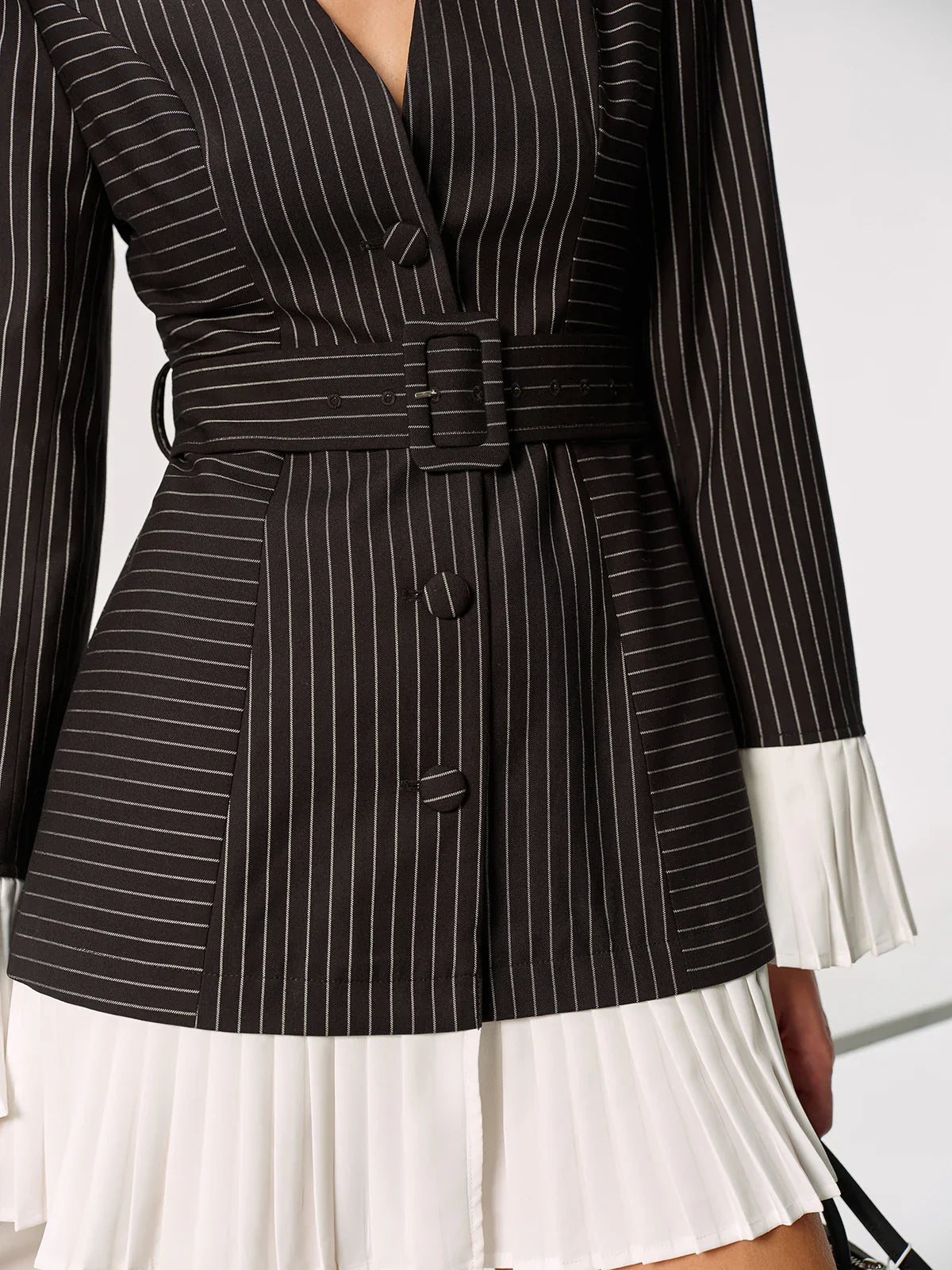 Contrast Pleated Panel Pinstriped Belted Blazer Dress