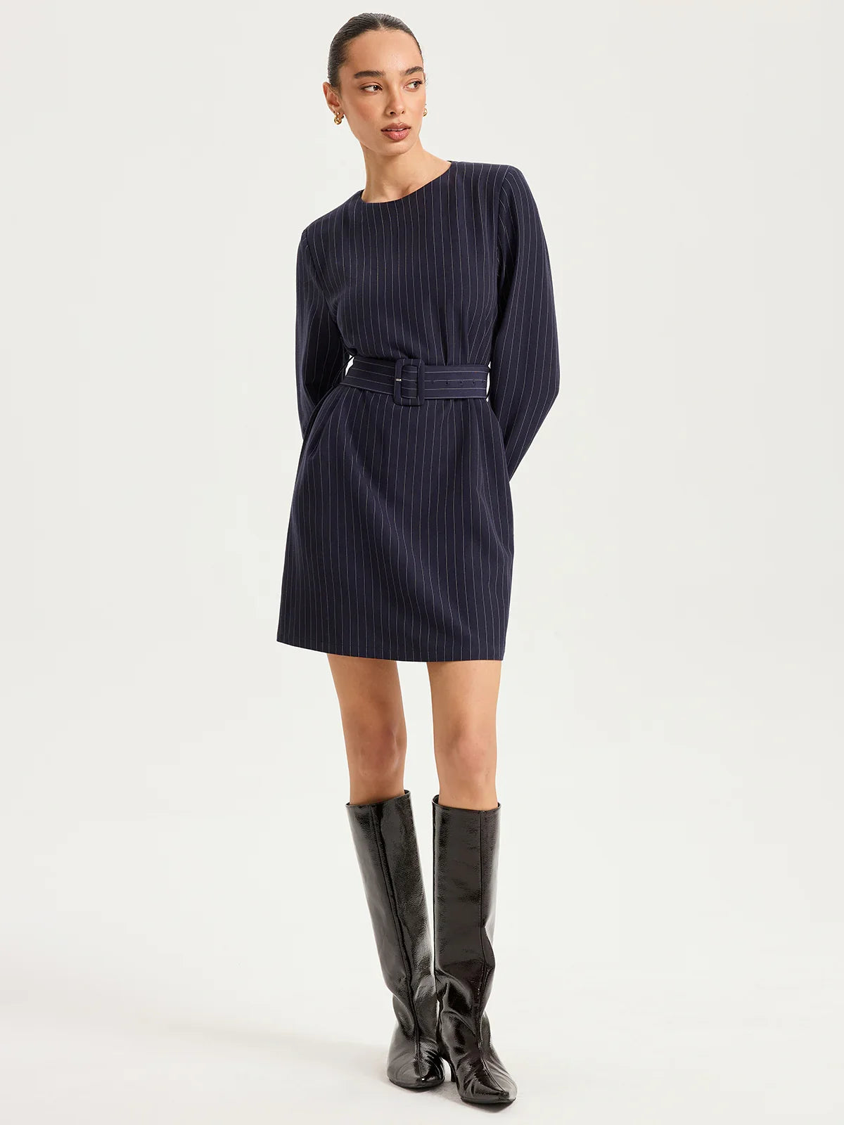 Long Sleeve Pinstripe Belted Mini Dress
