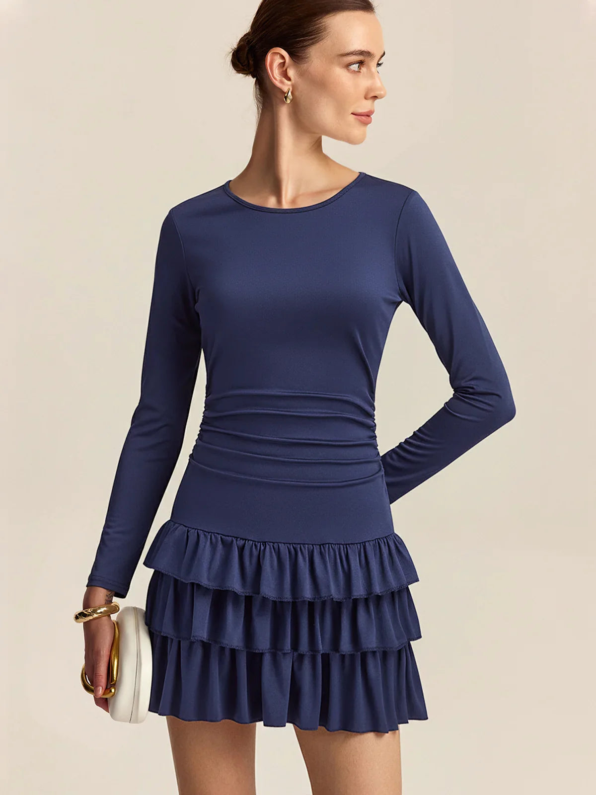 Long Sleeve Ruched Waist Layered Ruffle Dress
