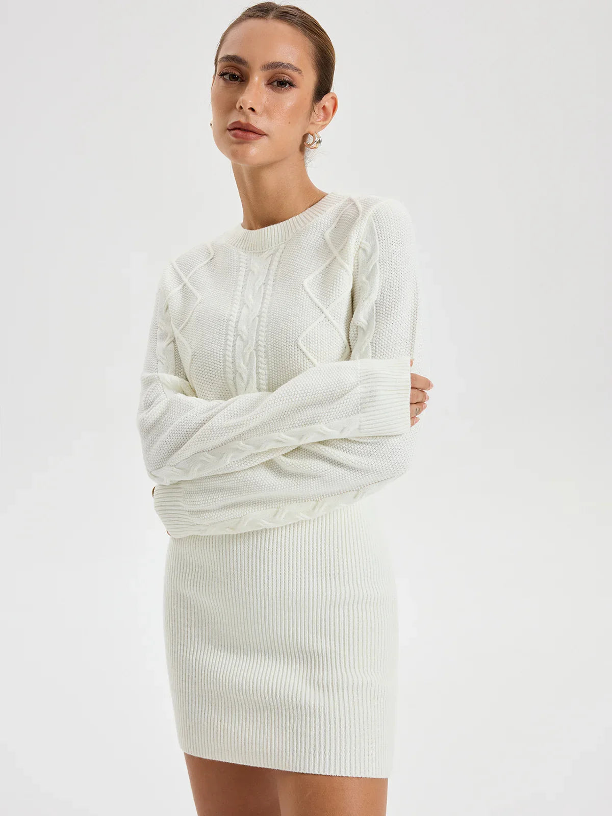 Cable Knit Crewneck Sweater Dress