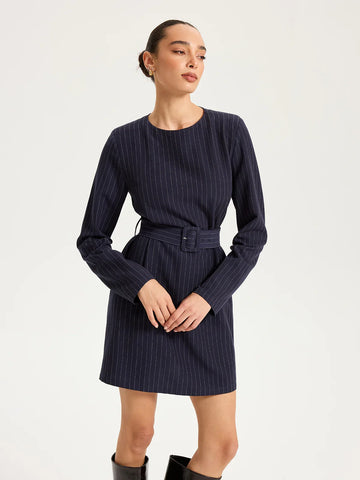 Long Sleeve Pinstripe Belted Mini Dress