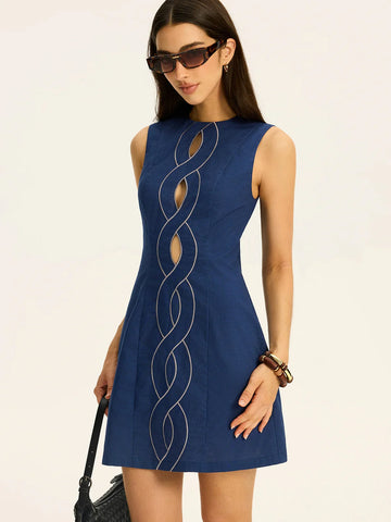 Linen & Cotton Cut-Out Contrast-Stitch Mini Dress