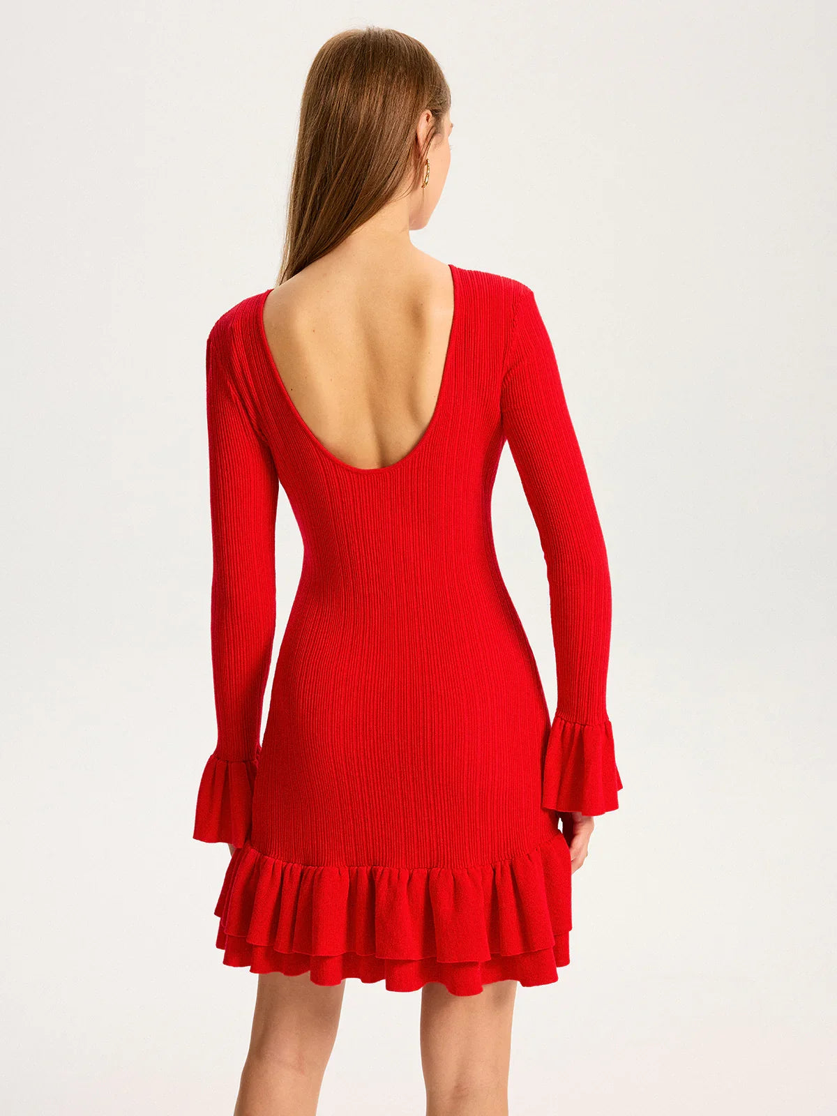 Wool Blend Knit Ruffled Flared Sleeve Mini Dress