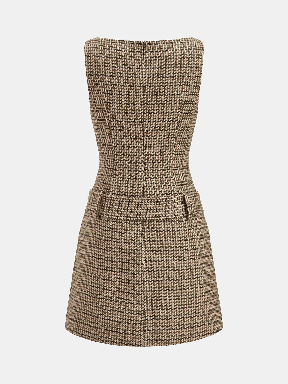 Sleeveless Belted Houndstooth Sheath Mini Dress