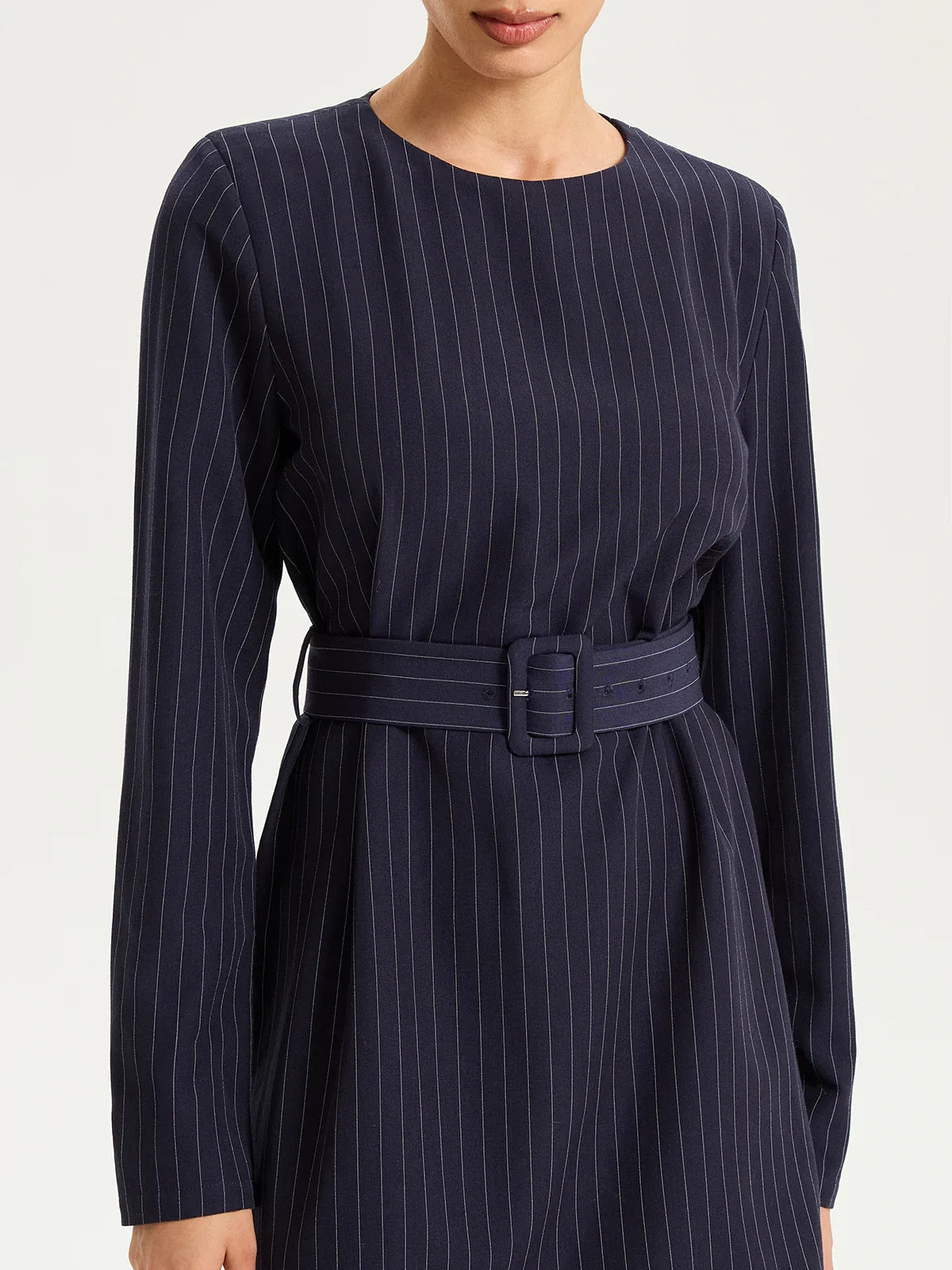 Long Sleeve Pinstripe Belted Mini Dress