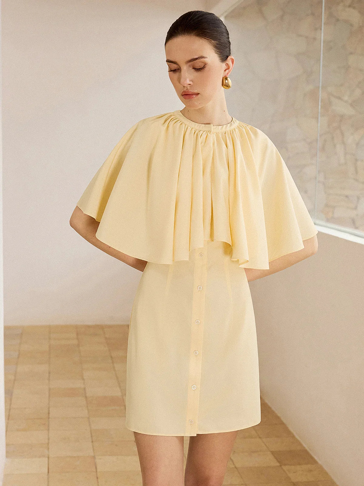 Cape-Sleeve Button-Front Mini Dress
