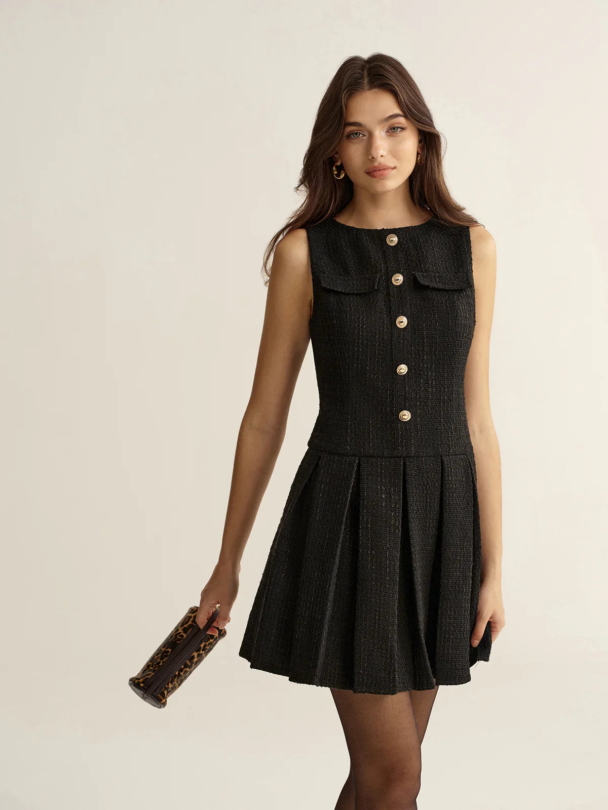 Metal Detail Tweed Pleated Mini Dress