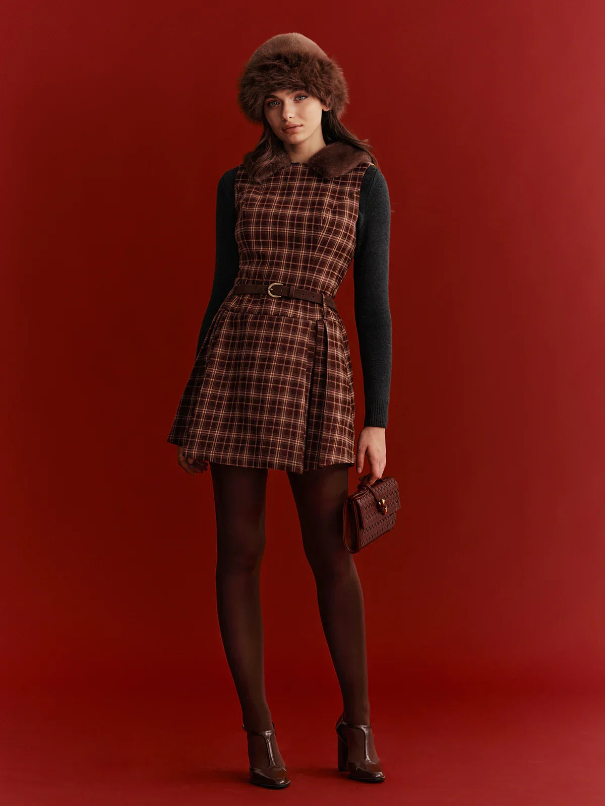 Belted Plaid Sleeveless Mini Dress