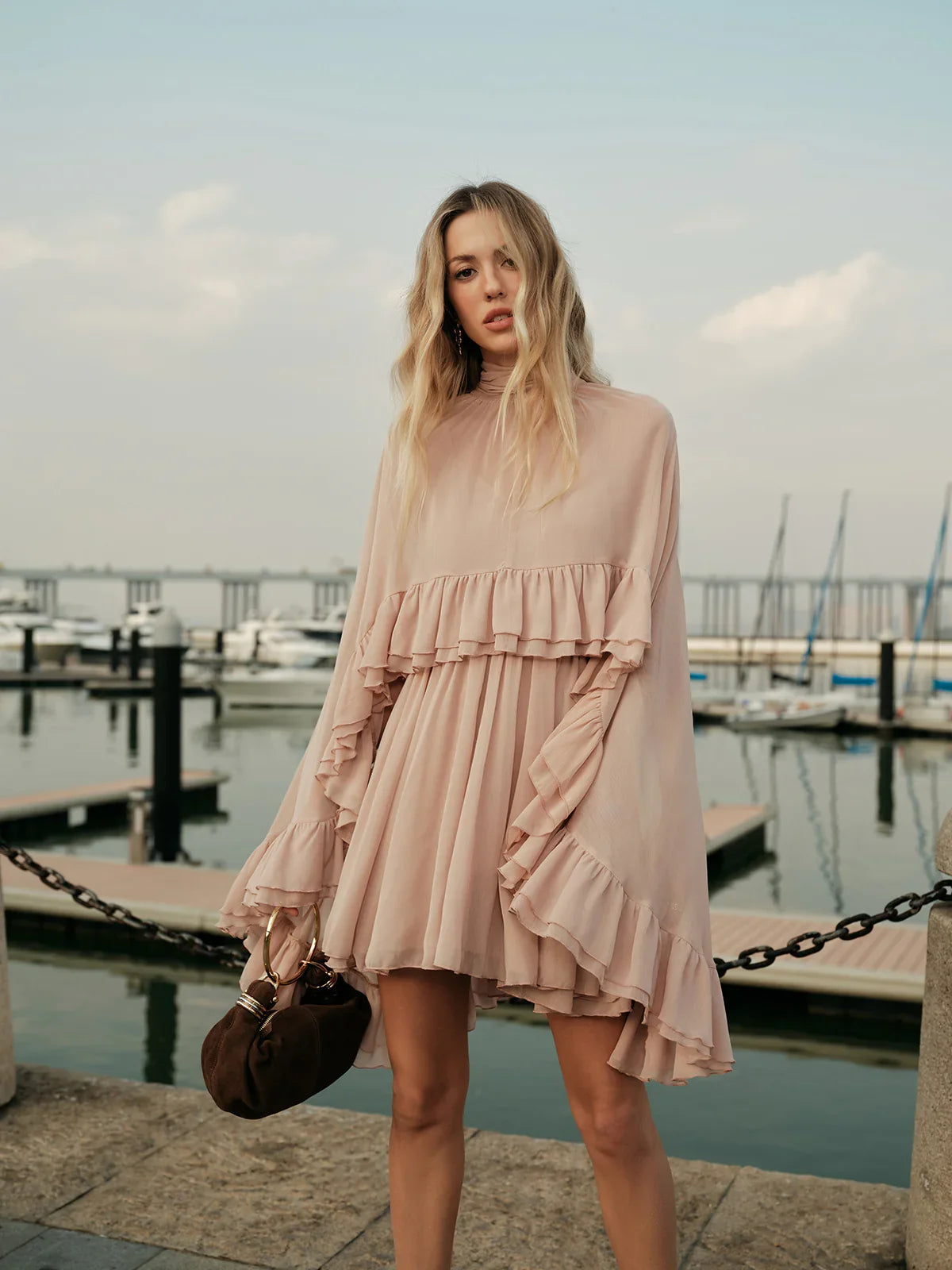 Semi-Sheer Chiffon Ruffle Dress With Outer Cape