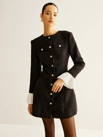 Pleated-Cuff Tweed Breasted Dress