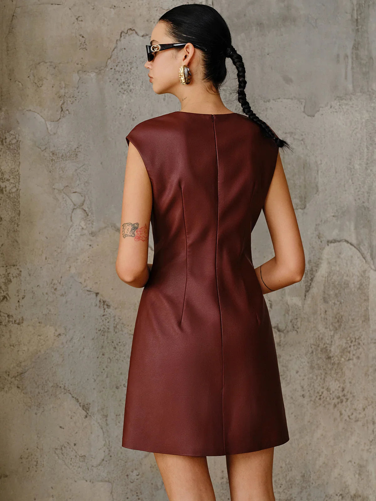PU Leather Metal Buckle Sleeveless Mini Dress