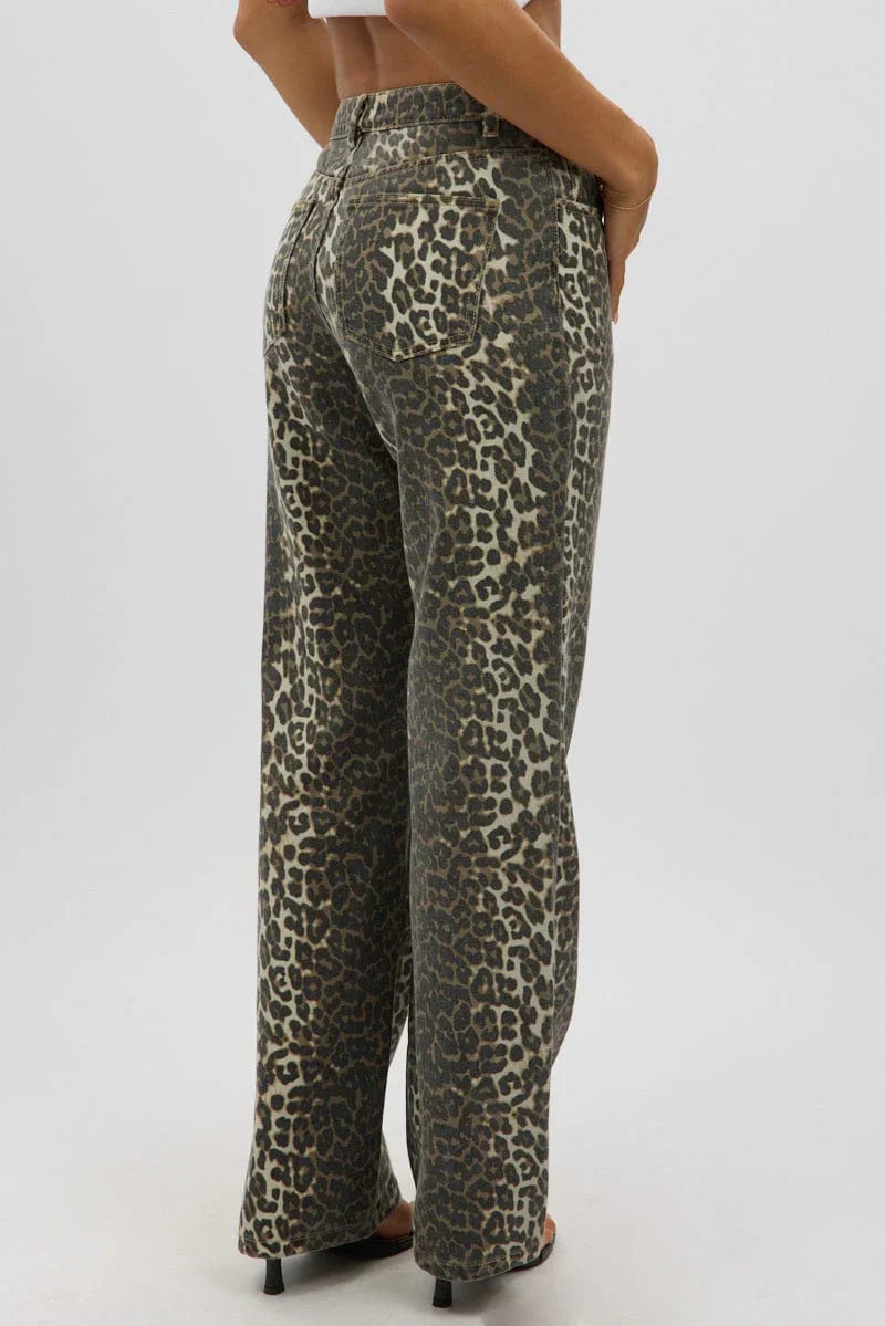 Brown Animal Print Baggy Jeans Leopard Pattern