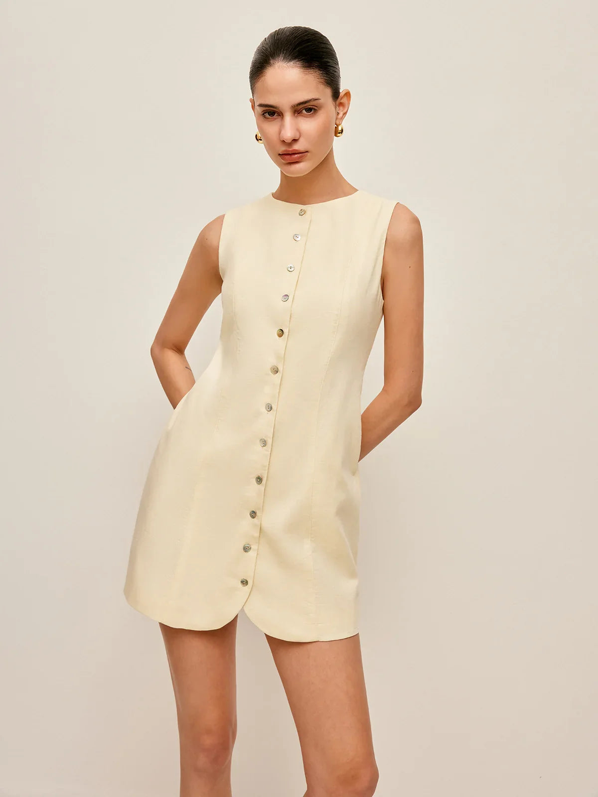 Button-Front Cotton & Linen Sleeveless Dress