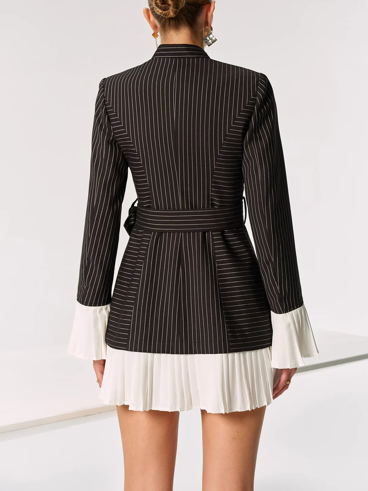 Contrast Pleated Panel Pinstriped Belted Blazer Dress