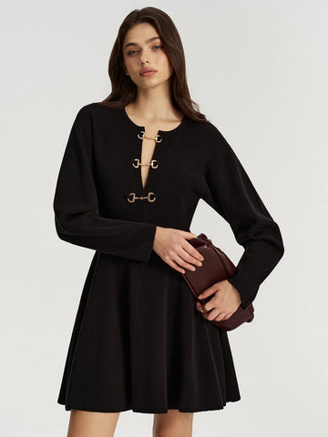 Horsebit Detail Knit Flared Dress