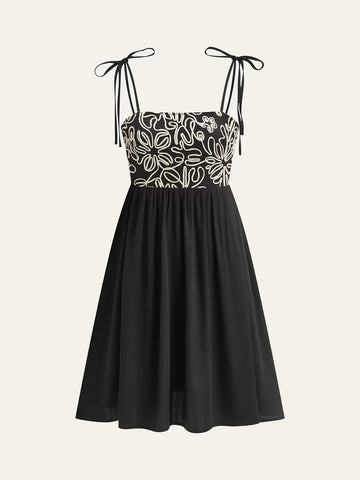Embroidered Midi Dress with Tie-Up Straps